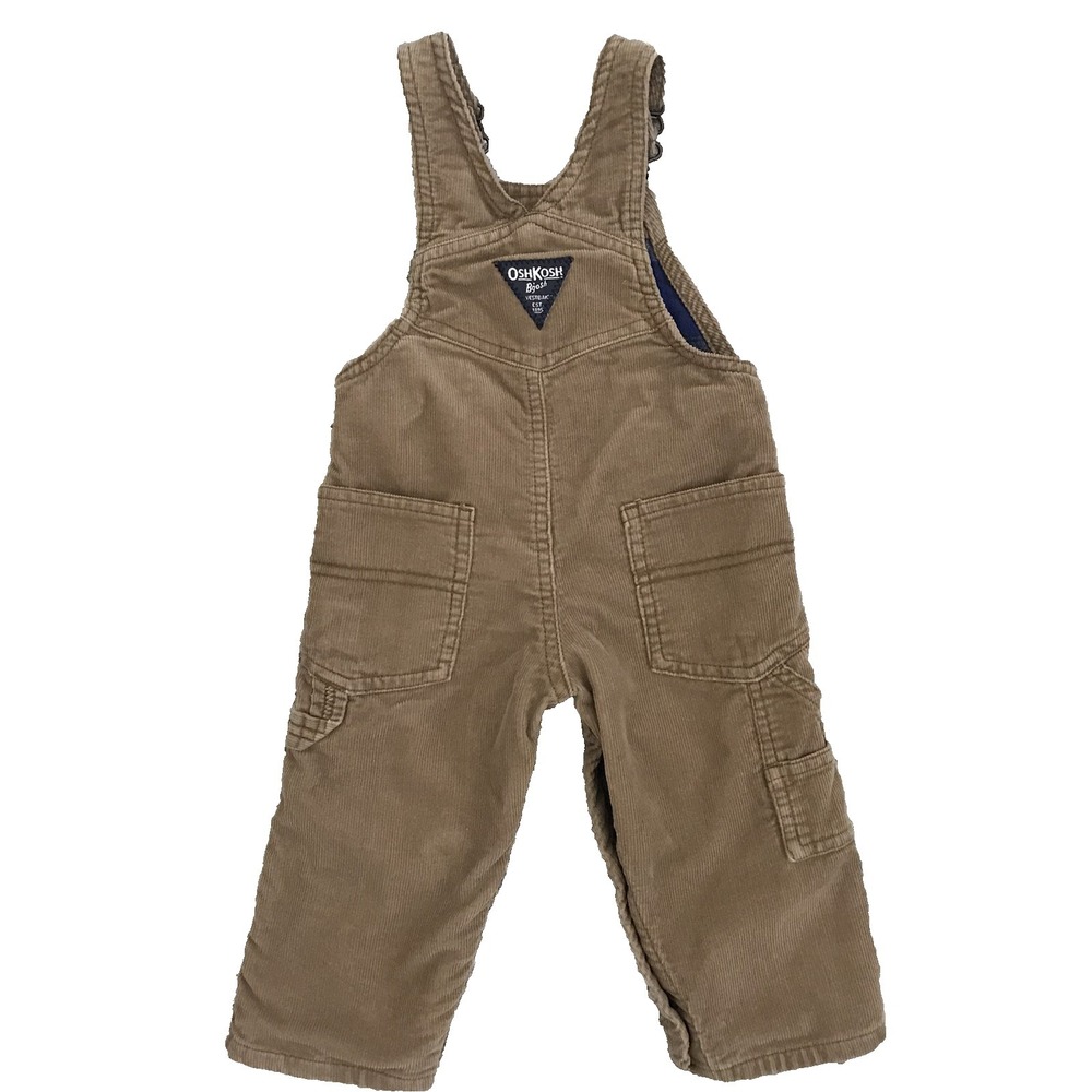 Oshkosh B'gosh Corduroy Vestbak Bib Overalls Flannel Lined Baby 9M Tan Snap Legs - Picture 2 of 10
